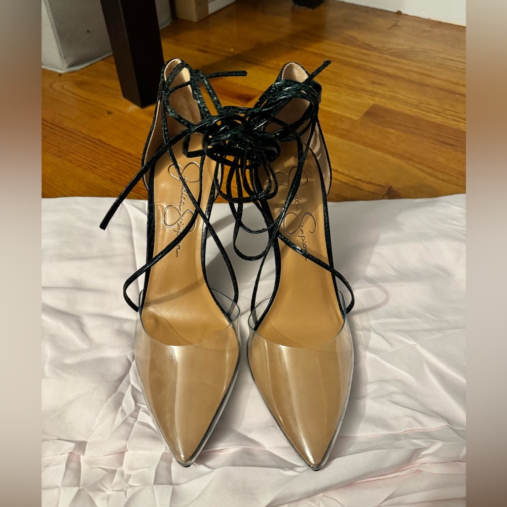 New in box Jessica Simpson clear pointy toe lace up heel pumps size 8